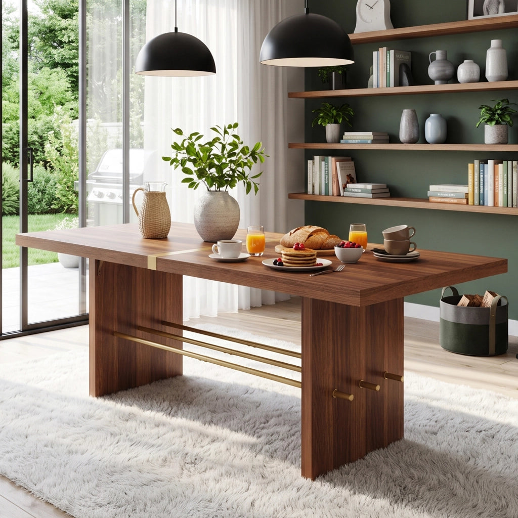 Tavolo da pranzo per 6-8 persone in MDF, piano spesso 4 cm, effetto noce e dettagli oro, per sala da pranzo, 180 × 75 cm