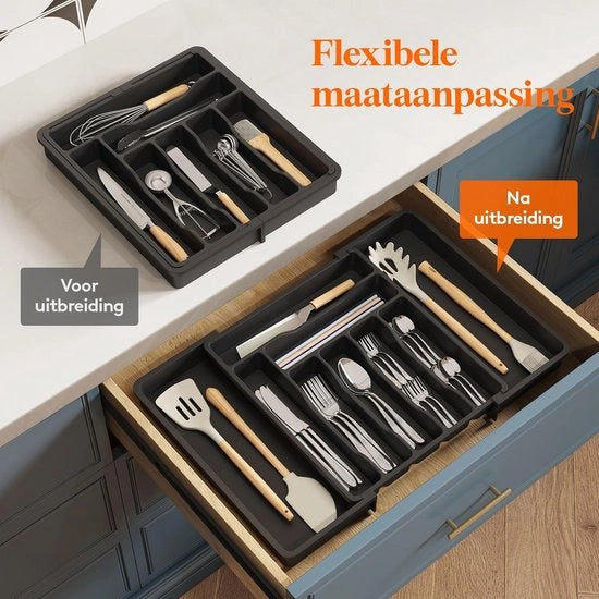 Organizzatore per Cucina - Cassetta Estensibile per Coltelliere - Sostegno Regolabile per Utensili e Argenteria - Contenitore per Cucchiai, Forchette e Coltelli - Grande Dimensione - Set da 2 - Nero