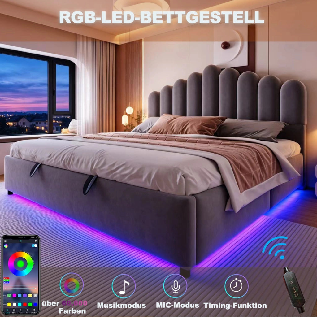 Letto imbottito 180x200 cm con contenitore idraulico; LED; velluto grigio