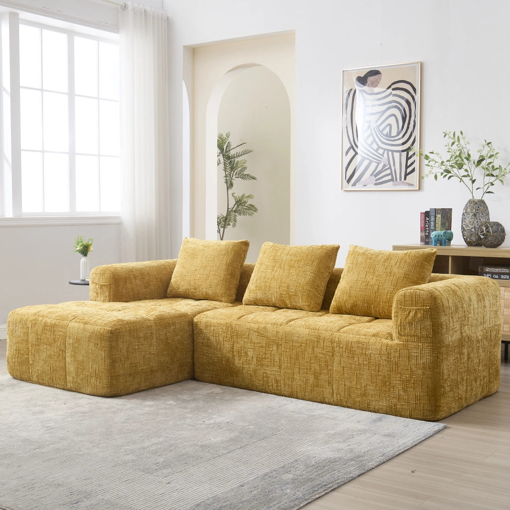OKWISH Divano ad Angolo 3 Posti, Modulare con Chaise Longue e Tasche Laterali, Ciniglia, Giallo, 250 × 158 × 60 cm