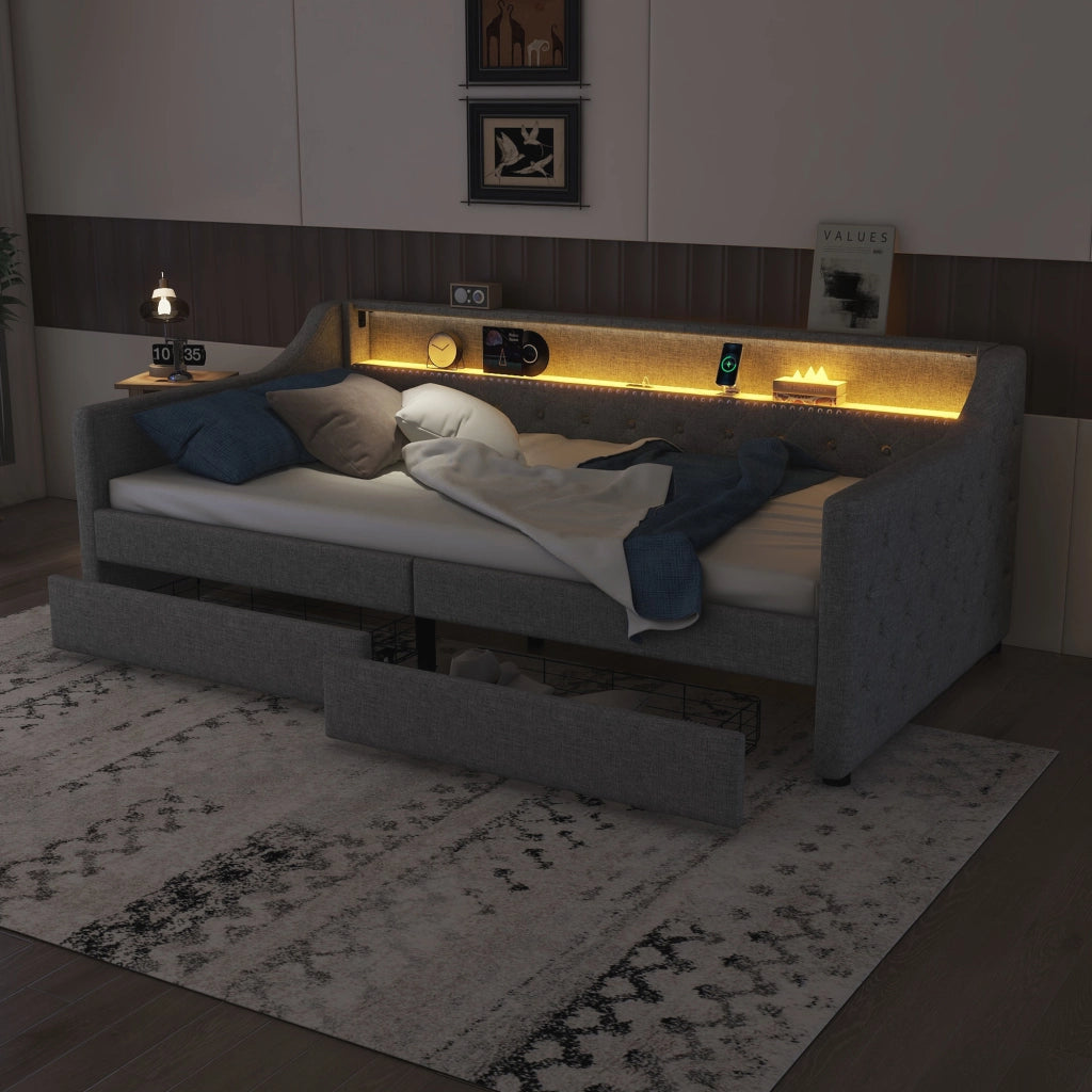 LETTO Giorno 90x200 cm in lino e MDF grigio con LED, USB e 2 cassetti