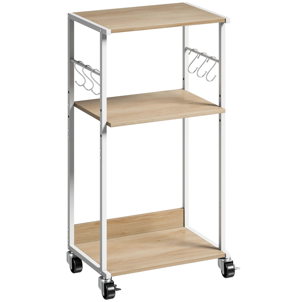 Mobile Supporto per Stampante a 3 livelli 43x30x82 cm con Ruote e Ganci in Legno e Metallo Naturale