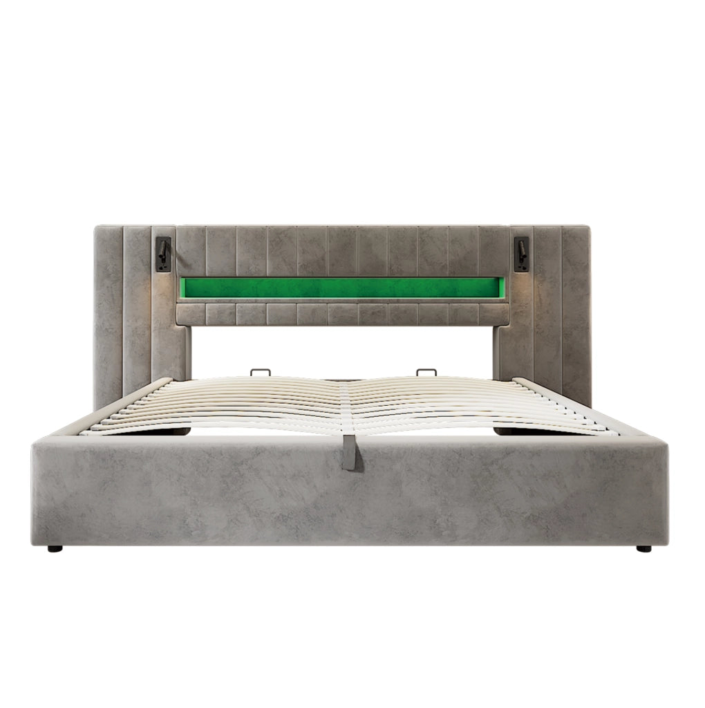 Letto matrimoniale contenitore 180x200 cm con USB; LED e lampada; velluto grigio (Senza materasso)