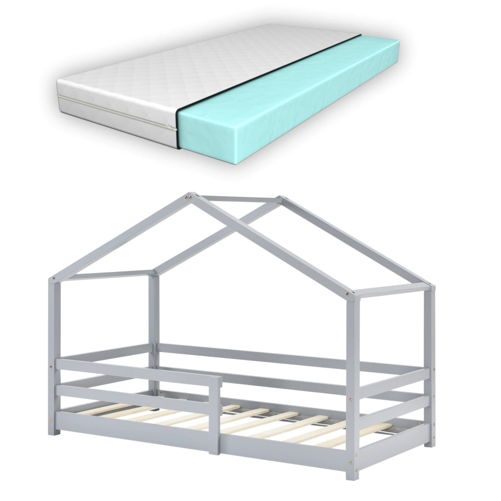 Letto per Bambino a Forma di Casetta con Barriere di Sicurezza e Materasso Ortopedico 70 x 140 cm Lettino in Legno di Pino con Sponde - Grigio Chiaro