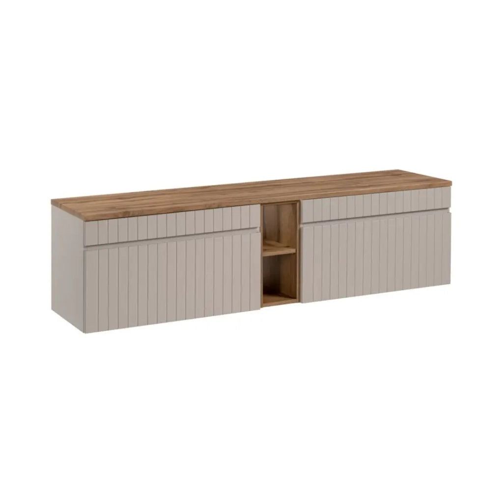 Insieme ICON: mobile sottolavabo 180cm colore cachemire con nicchie visibili effetto legno + piano per lavabo effetto legno