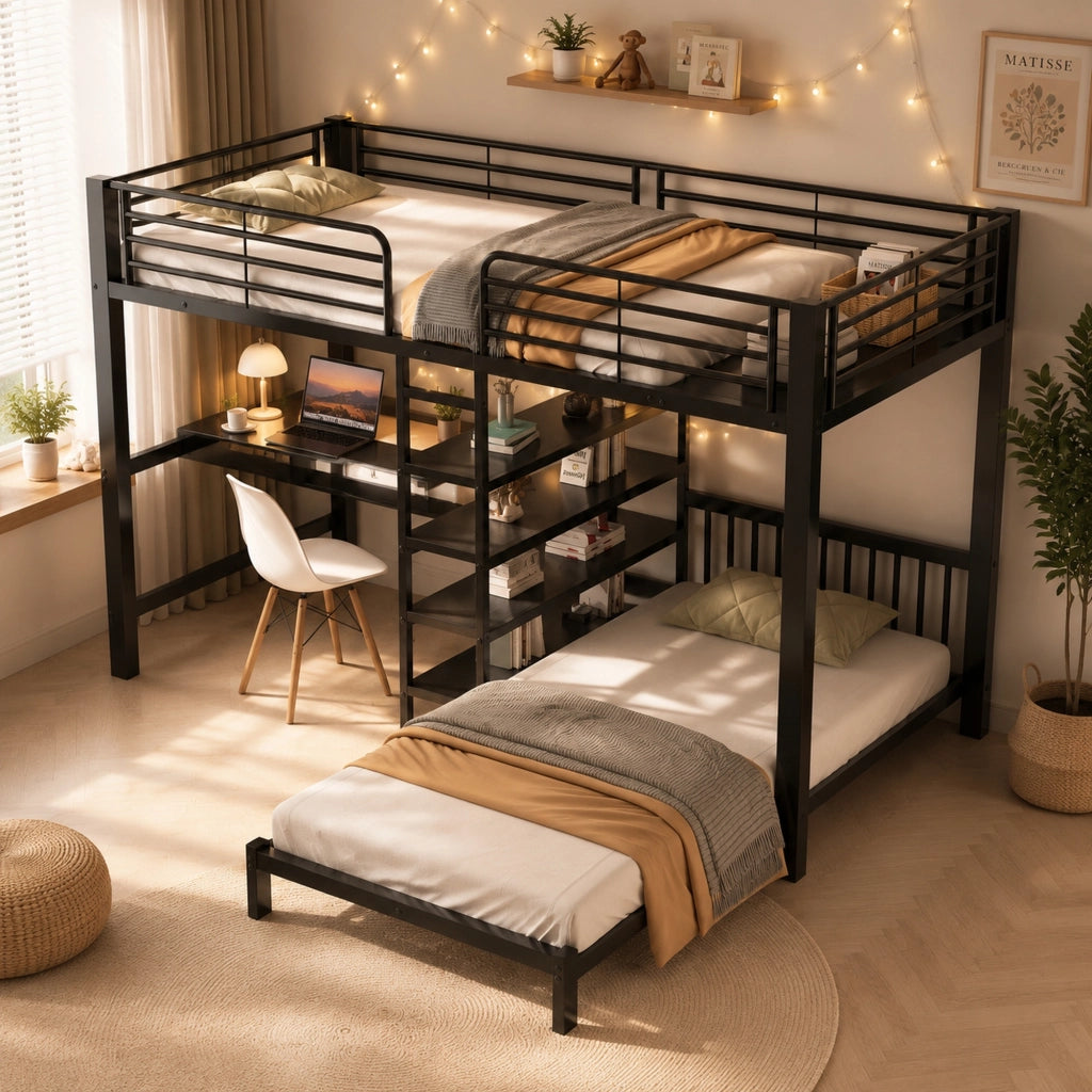 Letto a Soppalco 90 x 200 cm; Letto 2 Posti - Scrivania; USB e Type-C; MDF e Metallo; Nero