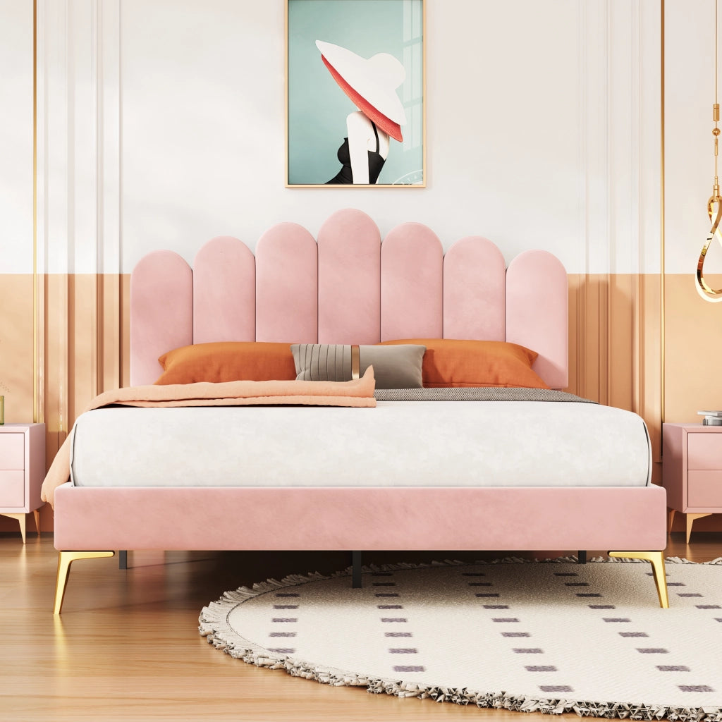 Letto imbottito matrimoniale 140×200 cm con testiera regolabile e rete a doghe; senza materasso; velluto rosa