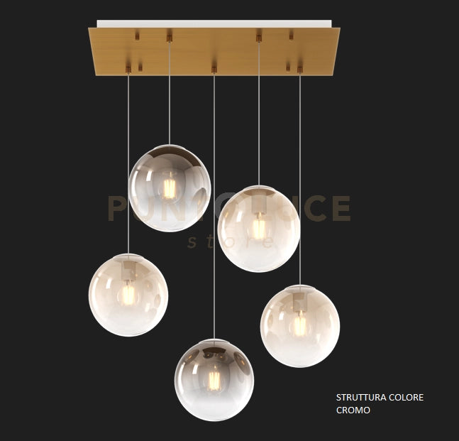 SOSP. CROMO 5 LUCI RETTANGOLARE VETRI PICCOLI (3 AMBRA+2 BRONZO) 1194CR-S5 RP-AB