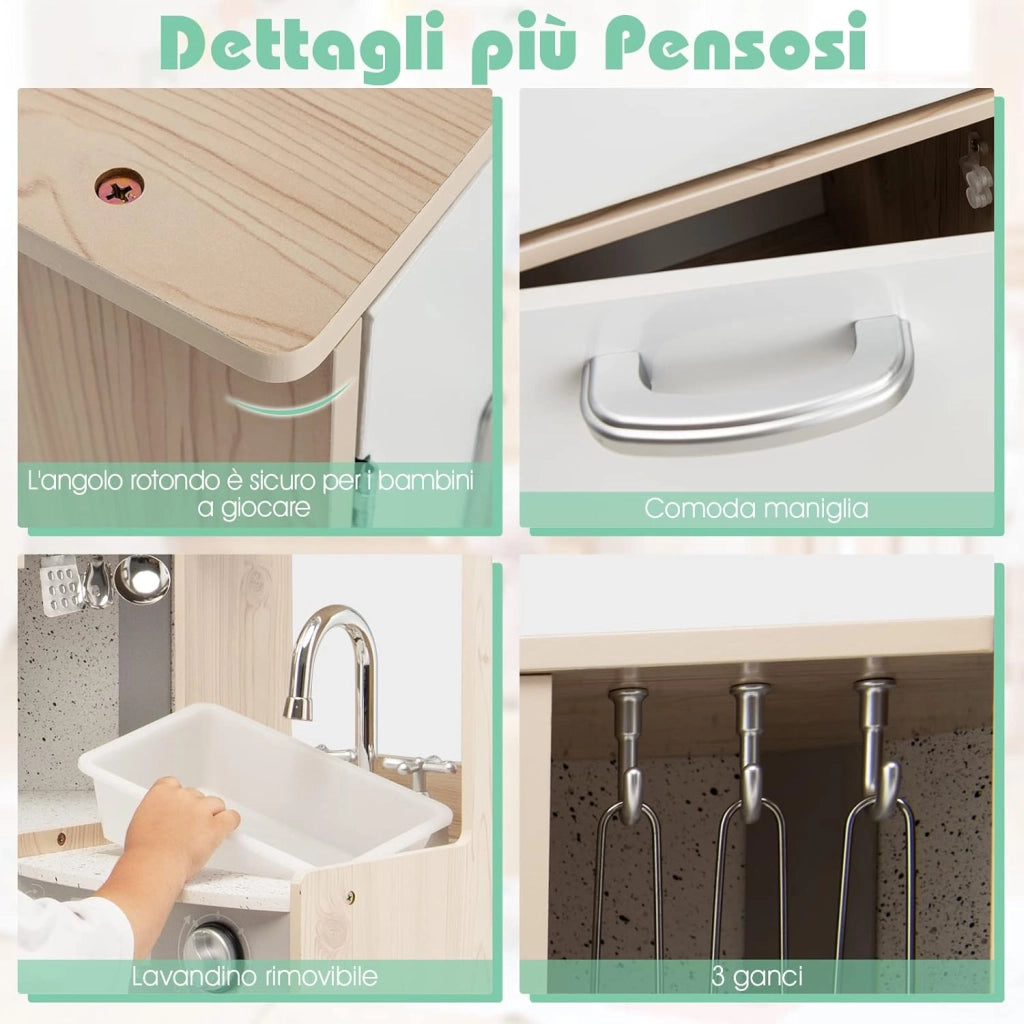 Cucina Giocattolo Legno per Bambini con Macchina del Ghiaccio, Telefono, Lavatrice, Forno, Microonde, Lavello e Rubinetto, Funzione Luci e Suoni, 3+ Anni