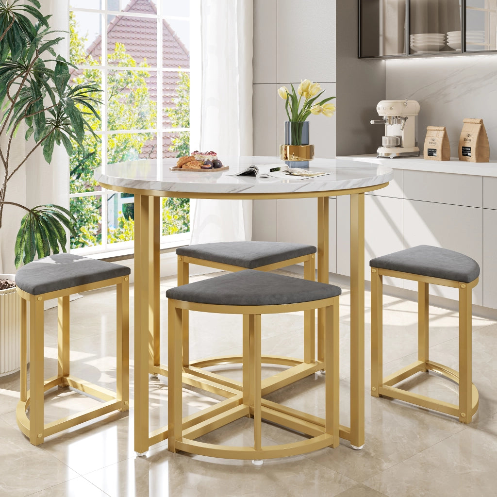 Tavolo da pranzo rotondo per 4 persone con 4 sedie, in MDF e metallo dorato, bianco e grigio, 80 × 80 × 75 cm