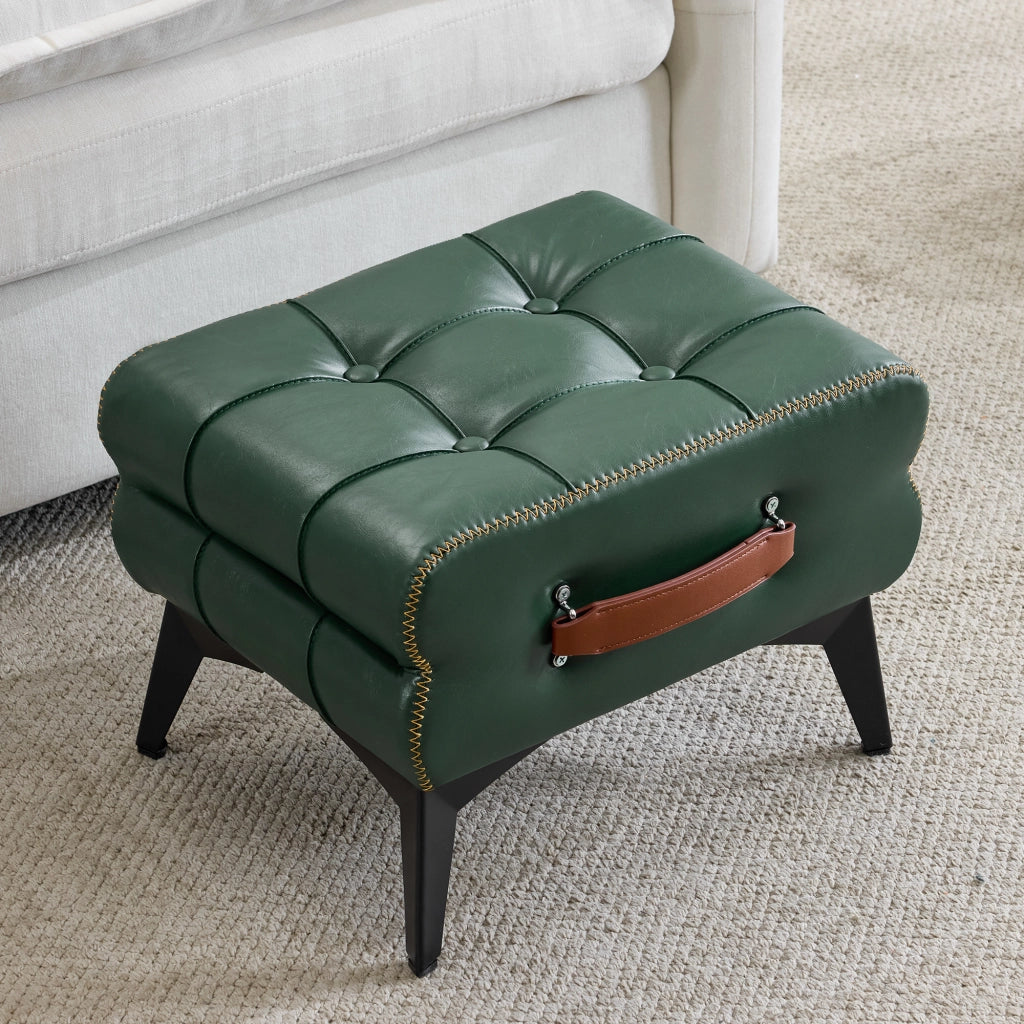Pouf multifunzione per cambio scarpe con maniglia, piedini antiscivolo e gambe in acciaio in pelle PU verde