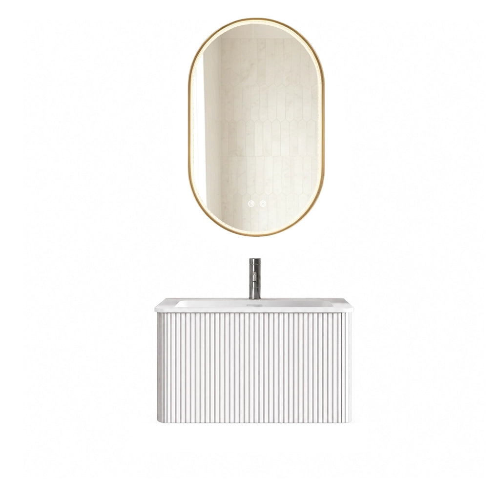 Mobile bagno sospeso con lavabo integrato; 1 cassetto e specchio LED con antiappannamento per bagno; bianco