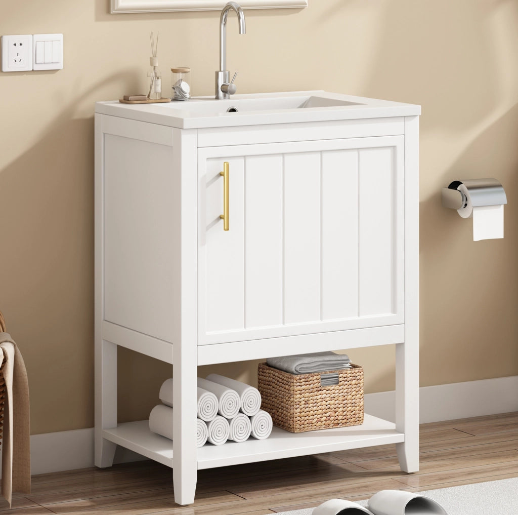 Mobile bagno bianco con lavabo in ceramica; ripiani interni; 61 × 47 × 87 cm