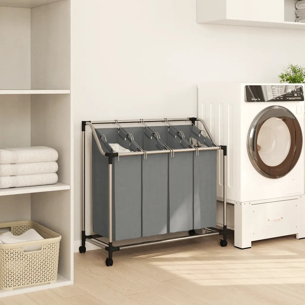 Cesto Portabiancheria con Ruote 4 Scomparti Grigio CFW4344571