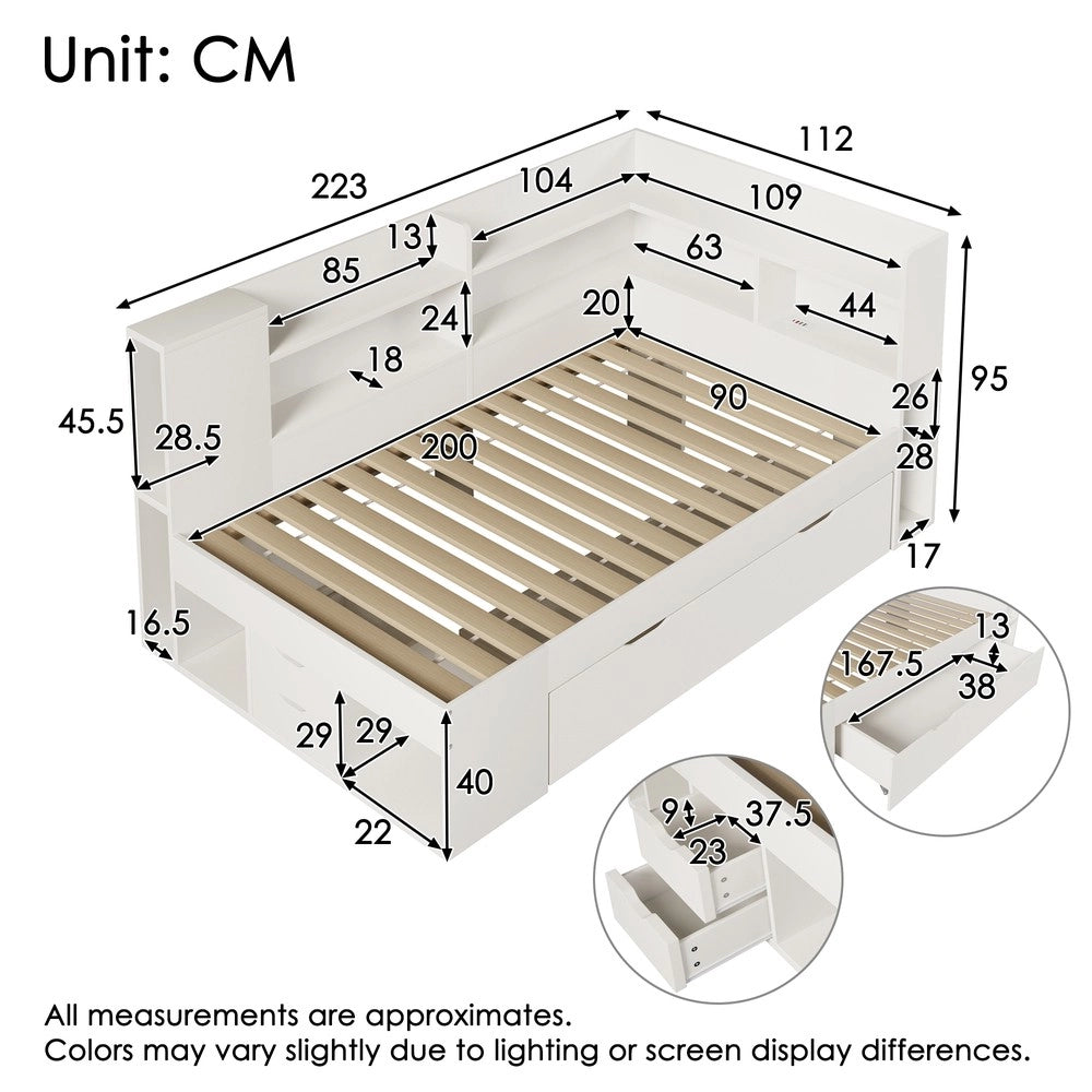 Letto Singolo 90x200 con LED, Cassetti, Ripiani e Rete a Doghe ¨C Xylo ¨C Bianco, Legno