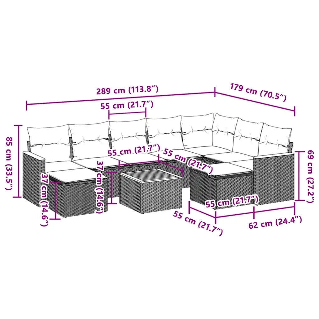 Set Divani da Giardino 10pz con Cuscini in Polyrattan Nero 3258947