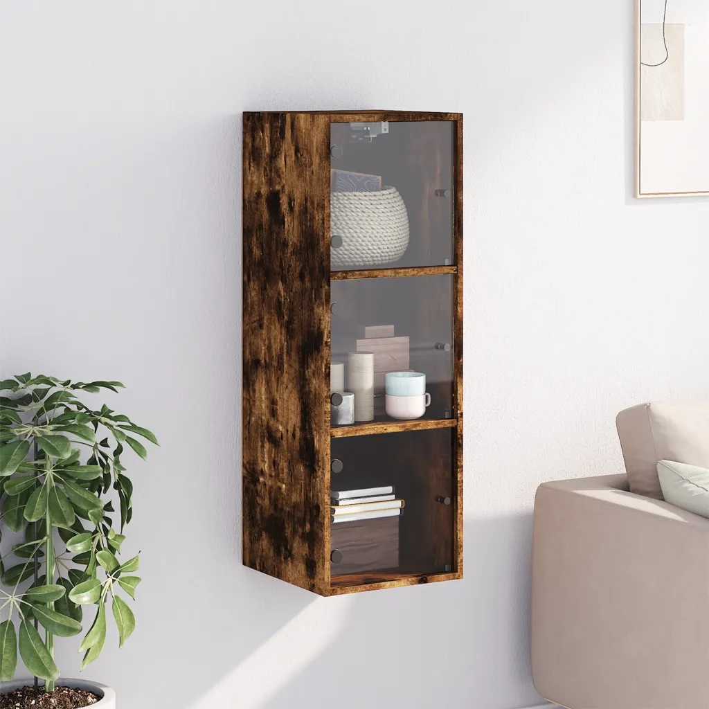 Armadietto a Muro | Mobile a Muro con Ante in Vetro Rovere Fumo 35x37x100 cm