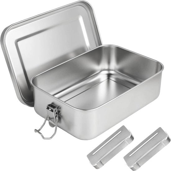 Lunchbox in Acciaio Inox - Ciotola per Panini Duraturo - Portare Pasti - Con Pareti Divisori - 1400 ml Contenuto - Argento
