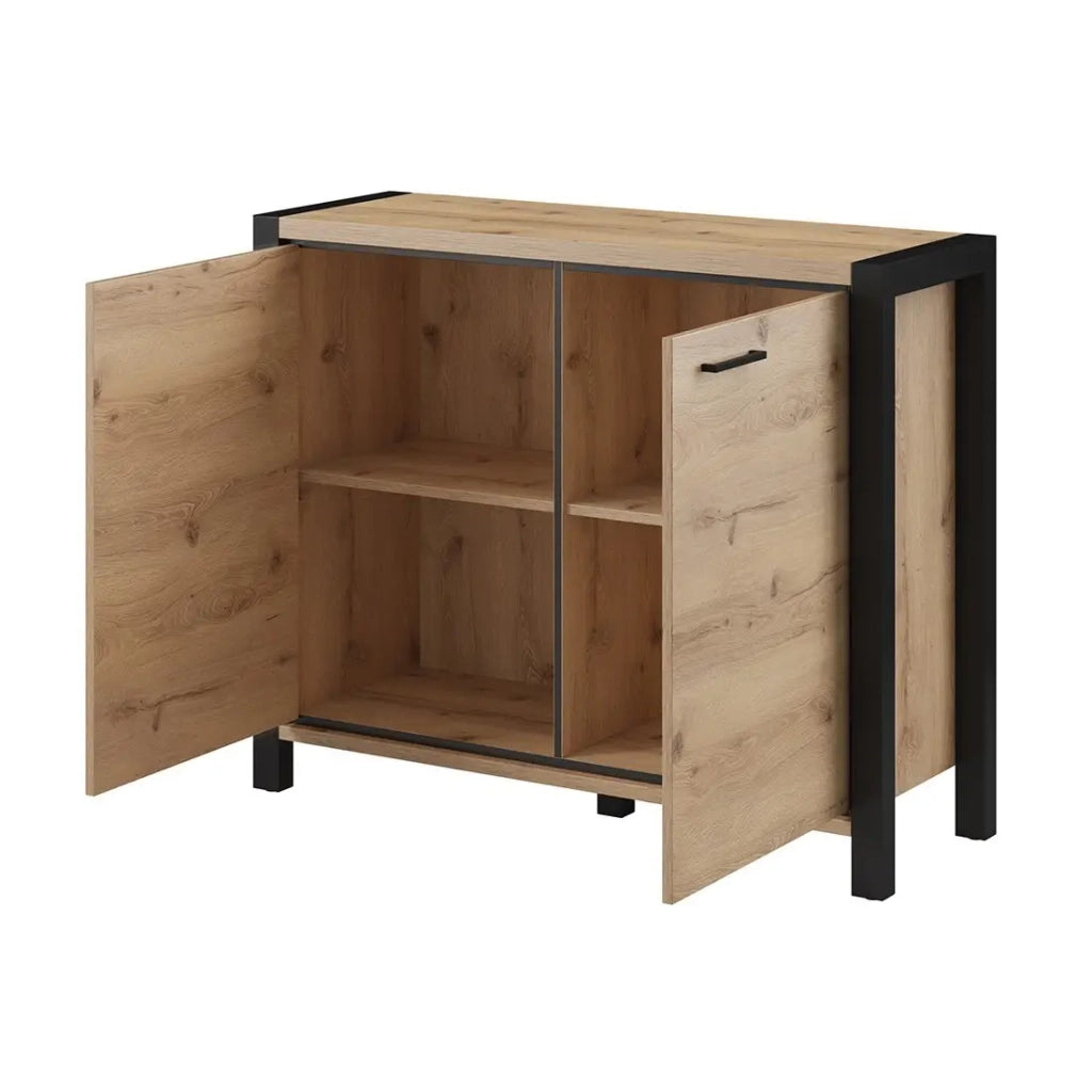 Buffet piccolo modello 110cm collezione TIVORA con 2 porte colore quercia e nero.