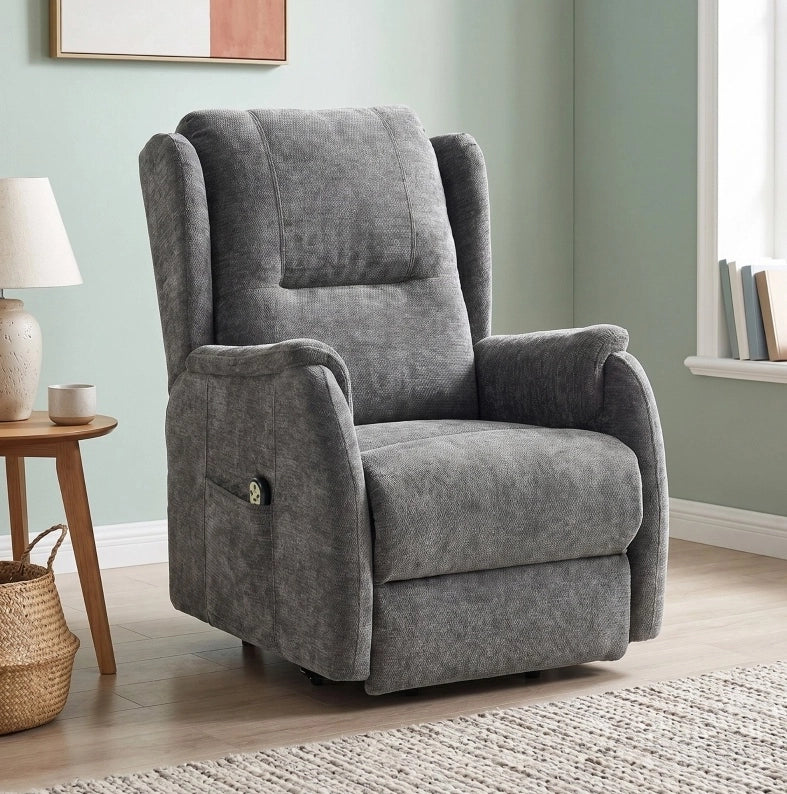 Poltrona Relax Elettrica con Alzata per Anziani, Chenille Grigio Scuro, Telecomando e Tasca Laterale