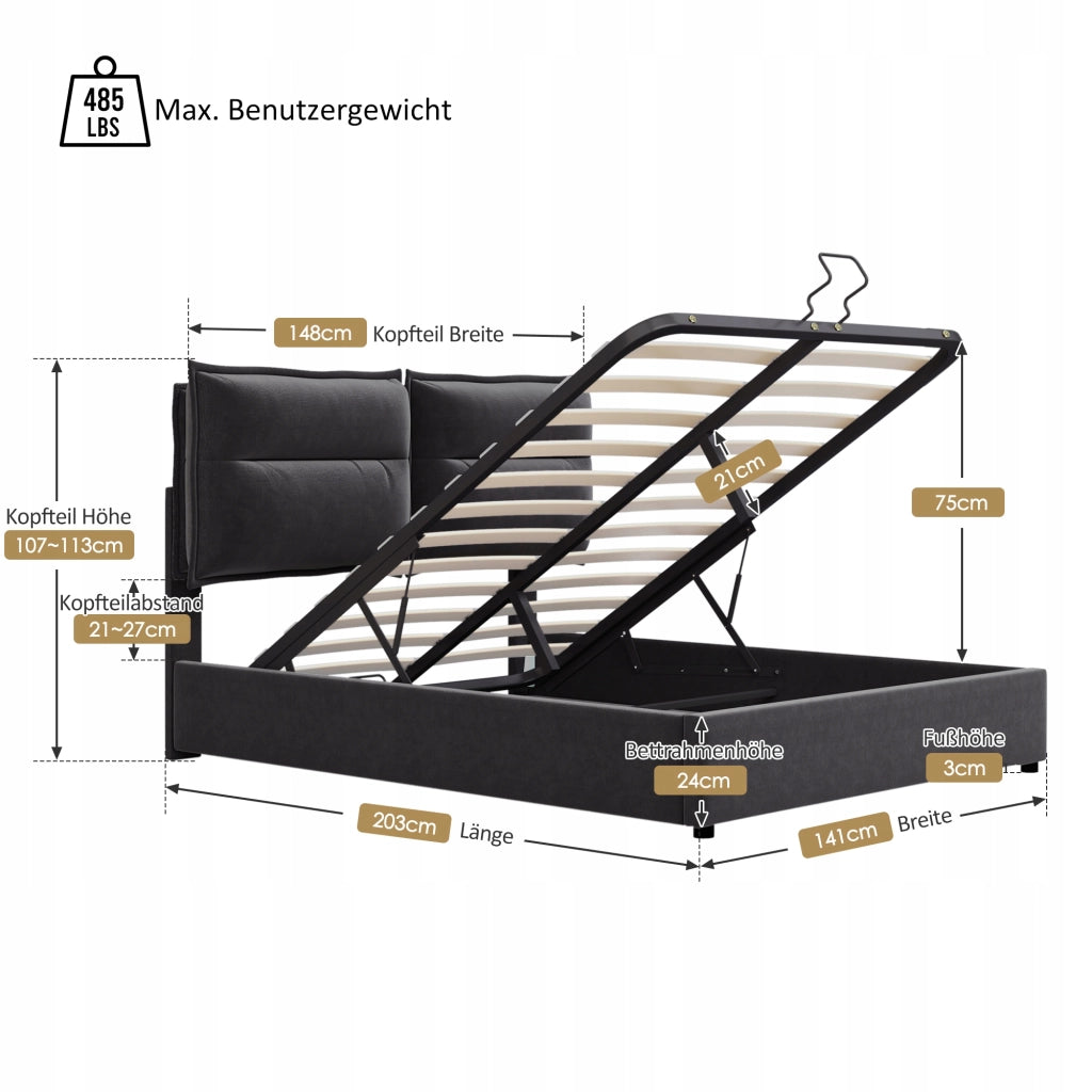 Letto singolo 140x200 - Xylo - Nero con sistema idraulico senza materasso