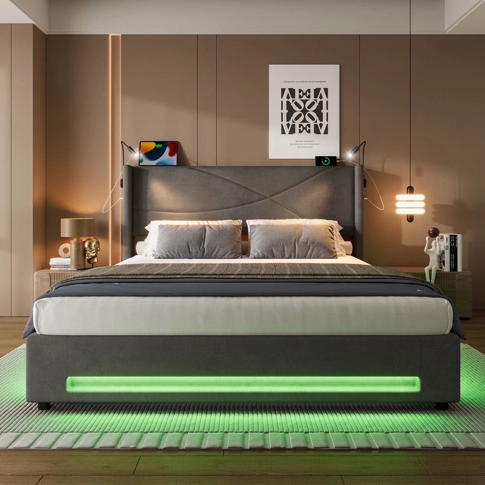 Letto Contenitore con LED, Luci di Lettura, USB e Rete a Doghe ¨C MINIMAL ¨C 140x200