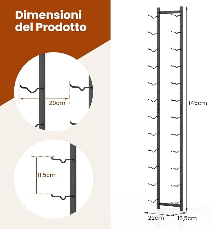 Portabottiglie Vino da Parete, Cantinetta Vino da Parete per 6/9 / 12 Bottiglie, Porta Bottiglie di Vino da Parete in Metallo per Cucina, Sala da Pranzo, Cantina, 22 x 13,5 x 145 cm, Black