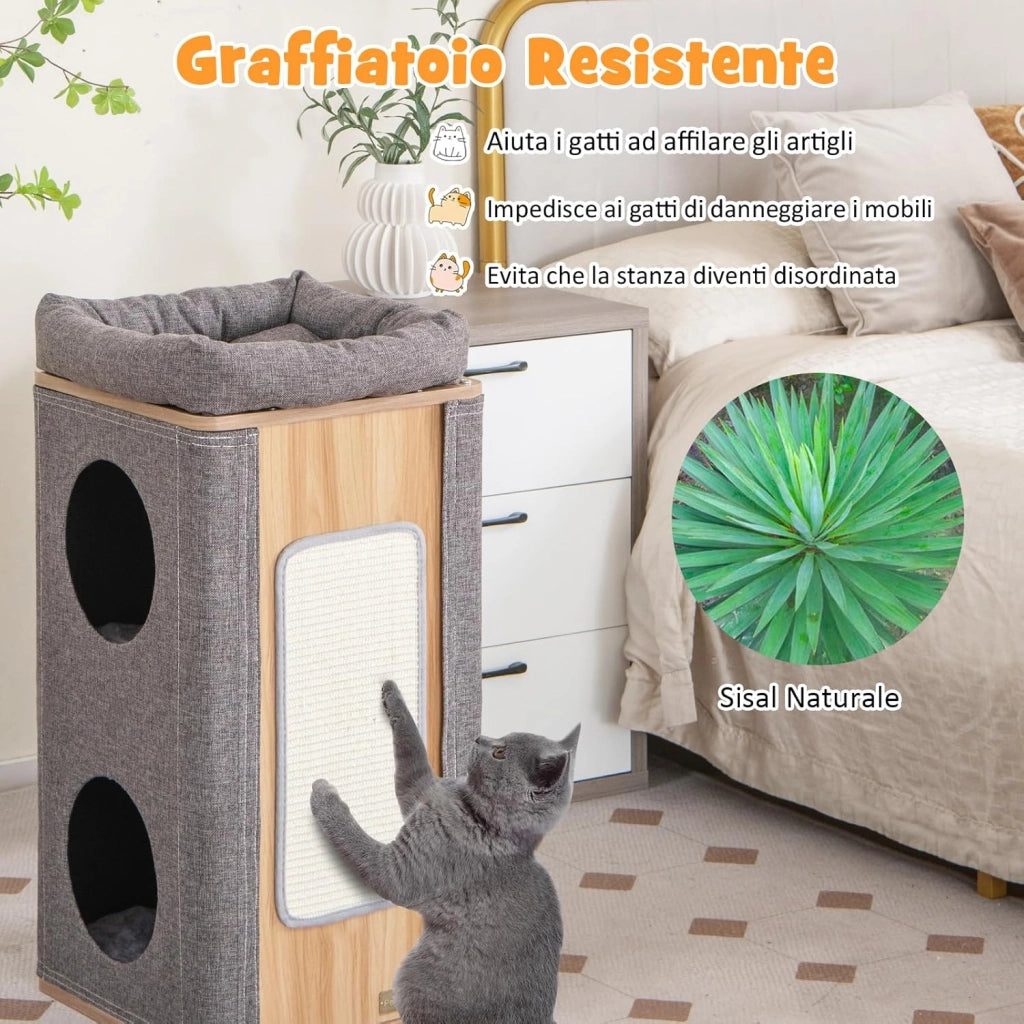 Casetta per Gatti a 3 Piani, Cuccia per Gatti con Tiragraffi, 2 Scomparti Coperti e 3 Materassini, Casa per Gatti Moderna con Graffiatoio da Interno (Grigio)