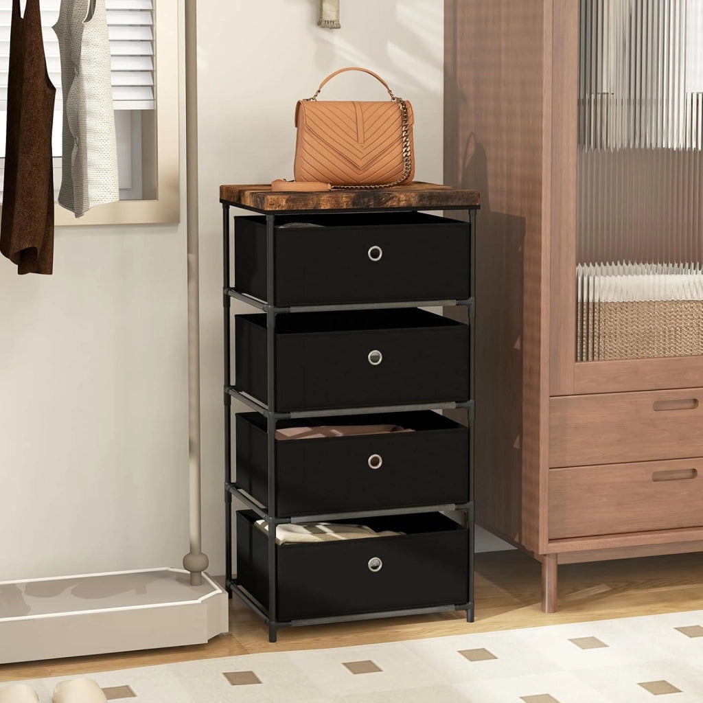 Cassettiera in Tessuto, Mobile con 4 Cassetti e Struttura Robusta in Metallo, Mobiletto Salvaspazio per Camera da Letto, Corridoio, Ingresso e Armadio, 42 x 33,5 x 84,5 cm (Nero)