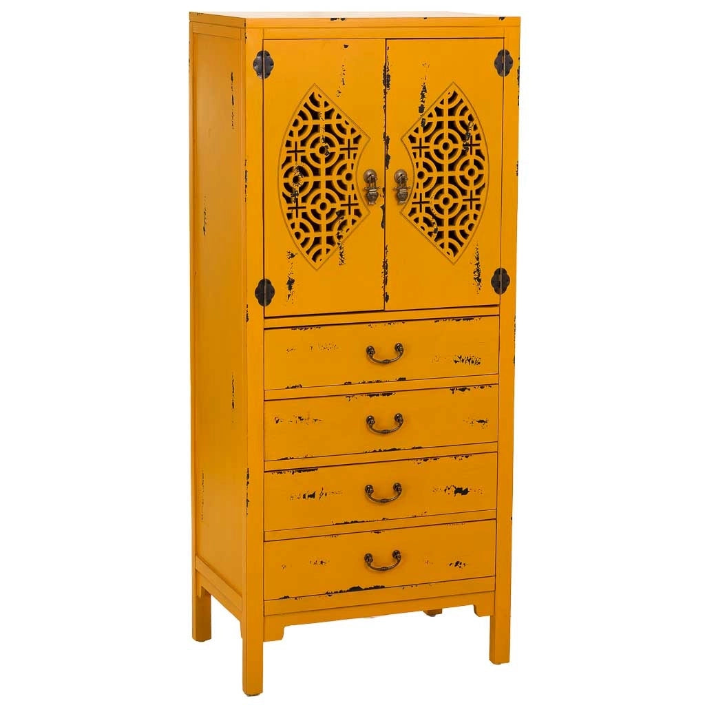 Mobiletto in legno con 4 cassetti e 2 ante, giallo, 60x40x140h cm