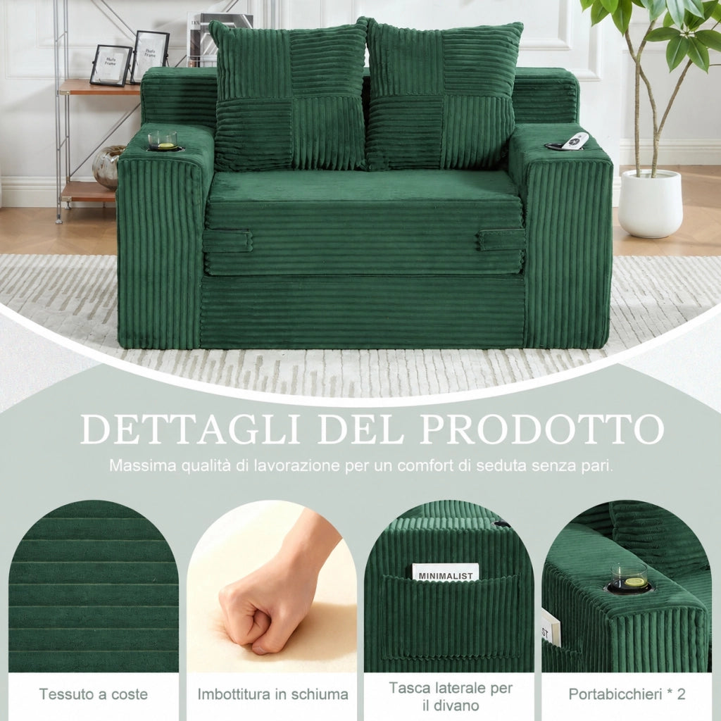 Divano letto due posti in velluto a coste verde smeraldo con cuscini e portabicchieri