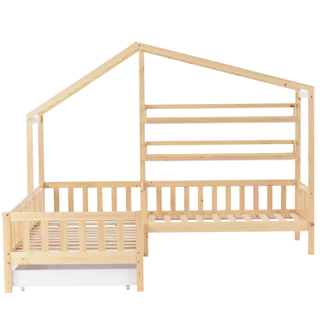 DESMIU Letto casetta 1 posto con cassetto, scaffali e sponde 90 × 200 cm e 140 × 70 cm, senza materasso