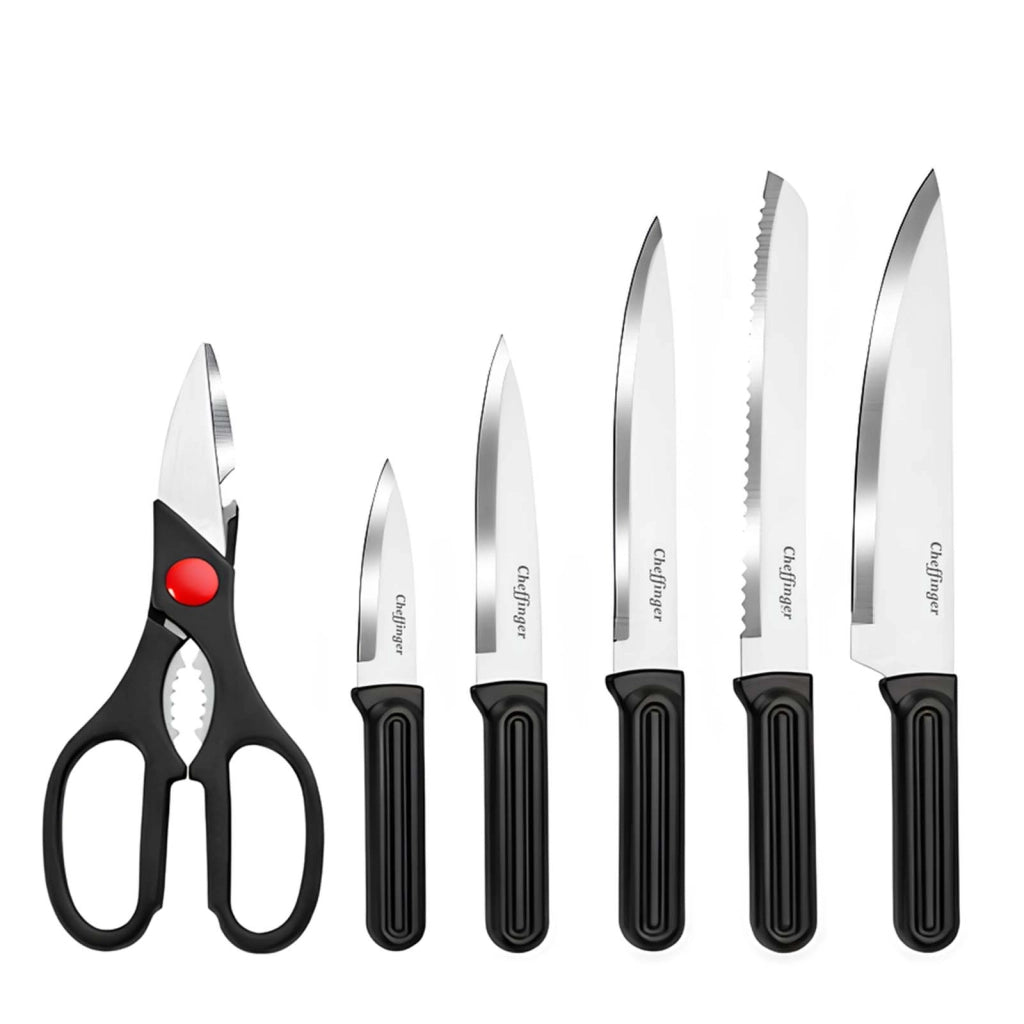 Set Coltelli 7 pezzi con Blocco Portacoltelli e Forbici Manici Ergonomici Nero / Argento Cheffinger