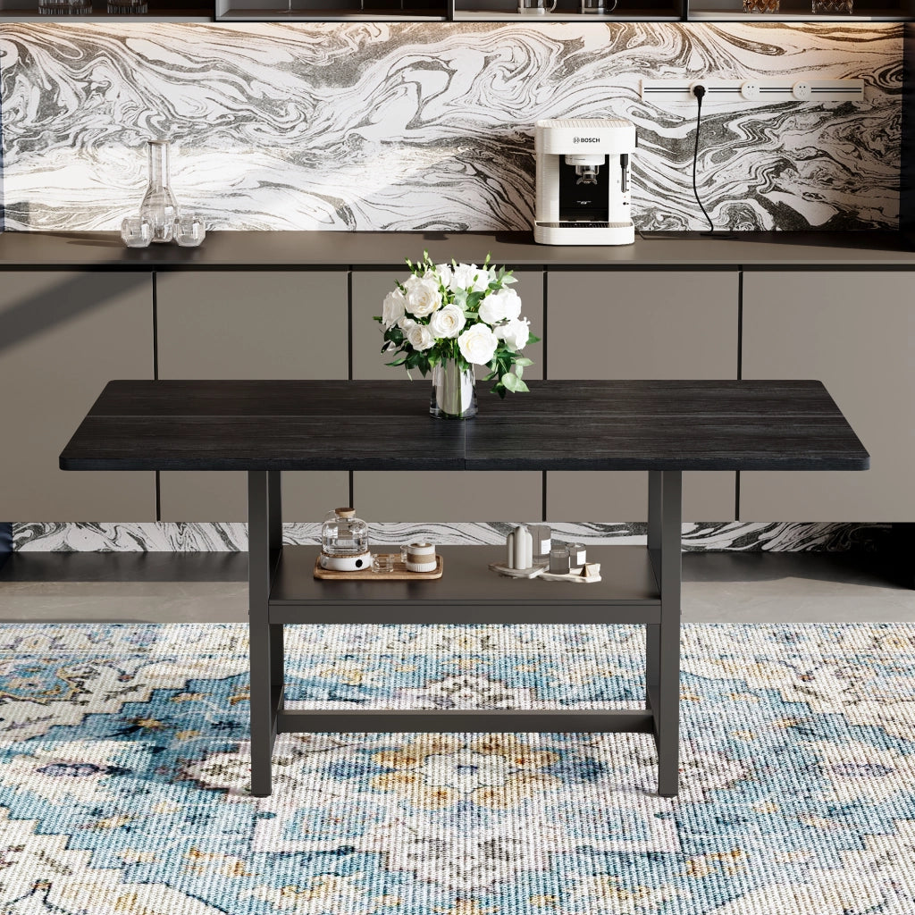 Tavolo da pranzo per 4 o 6 persone con ripiano contenitore, stile moderno, in MDF e metallo, nero, 160 × 90 × 76 cm