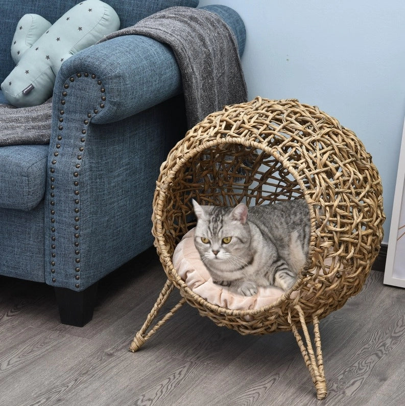 Cuccia rialzata per gatto in rattan sintetico marrone con cuscino