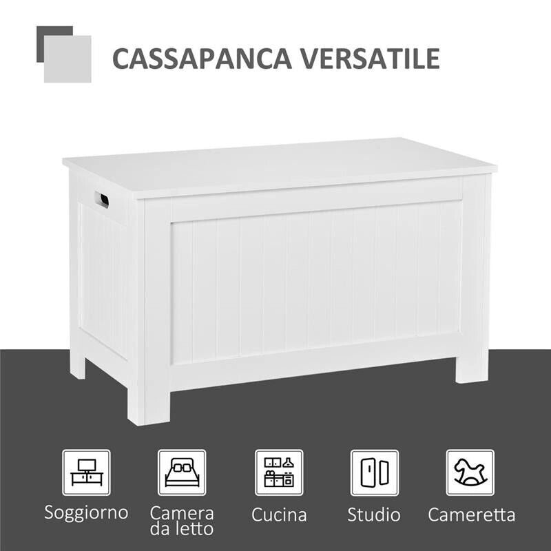 PANCA CONTENITORE MULTIUSO IN LEGNO MDF APERTURA CON BLOCCO DI SICUREZZA, 81X40X46 CM BIANCO