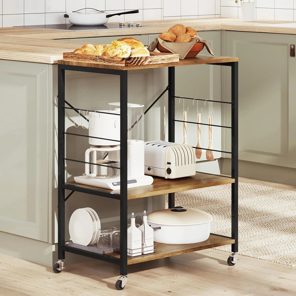 Scaffale da Cucina con Ruote, Carrello Cucina a 3 Livelli, Scaffale per Microonde con 4 Ganci, Carrello da Bar con Struttura in Metallo, Marrone Rustico+Nero, 60x40x82,5 cm