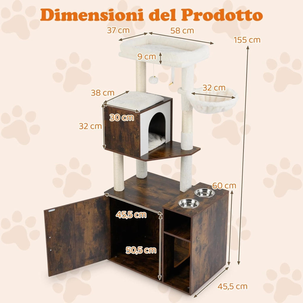 Mobiletto per Lettiera per Gatti, Tiragraffi per Gatti con Posto Graffio in Sisal e Tappetino, Pallina Pendenti, Toilette Nascosta e 2 Ciotole per Cibo, Mobili Moderni per Gattini (Marrone)