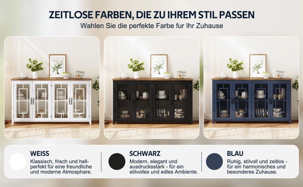 Credenza da cucina 160 cm con ante in vetro, ripiani interni, piano effetto legno e sistema antiribaltamento
