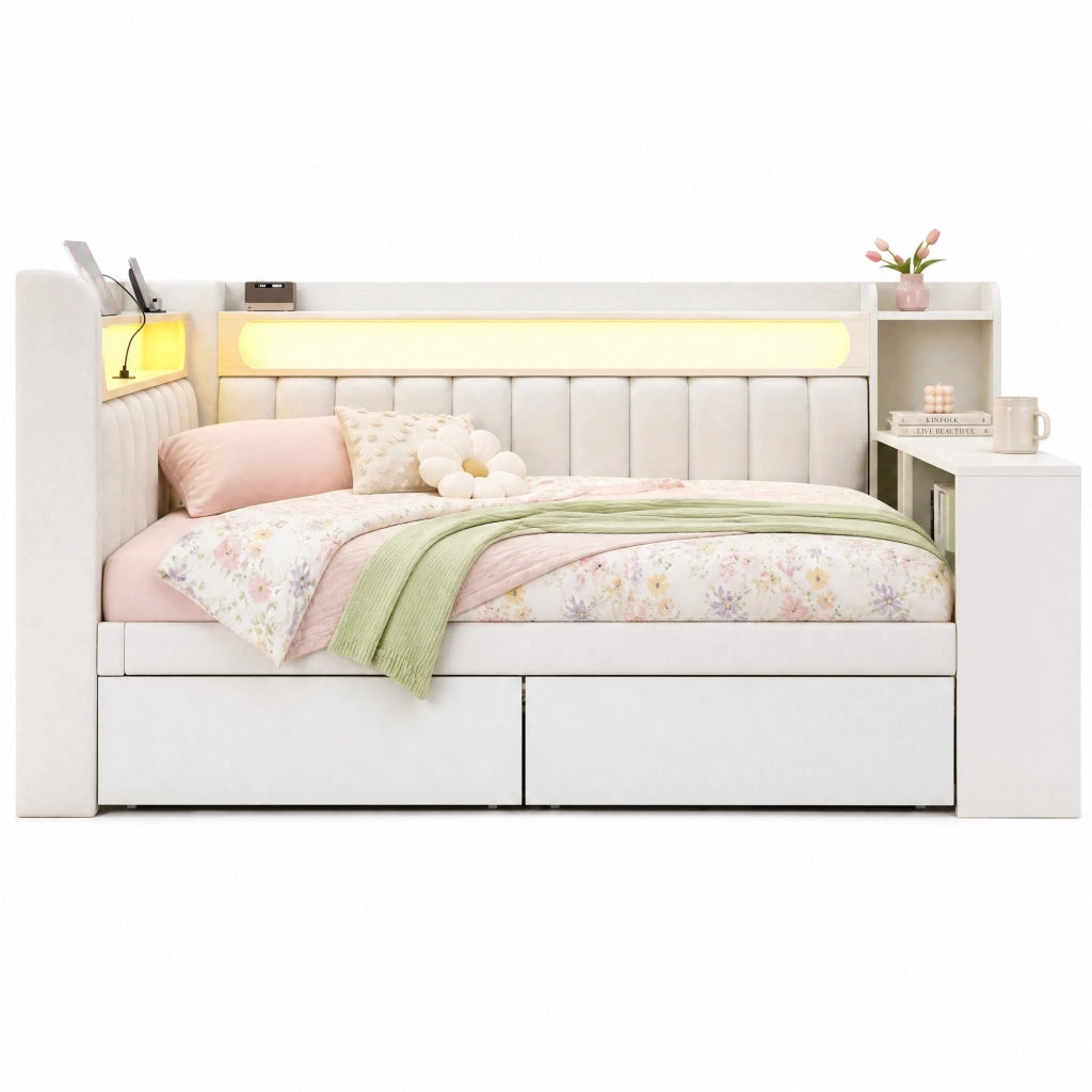 Letto da giorno imbottito 140x200 cm con scrivania; LED; USB e 2 cassetti; bianco