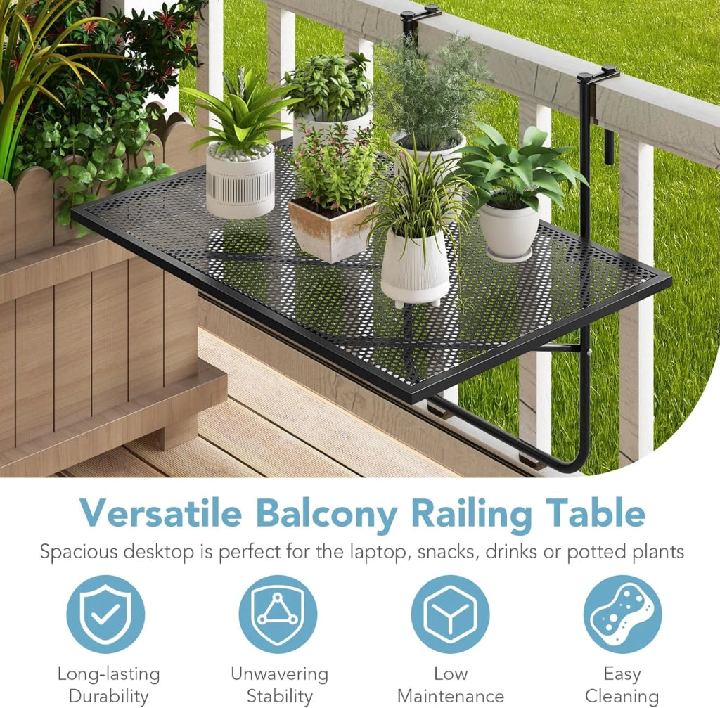 Tavolo da Balcone Appeso, Tavolo Pieghevole per Ringhiere fino a 6 cm di Spessore, Tavolino Salvaspazio per Ringhiere Esterne con Telaio in Metallo per Patio, Portico, Terrazza, Nero