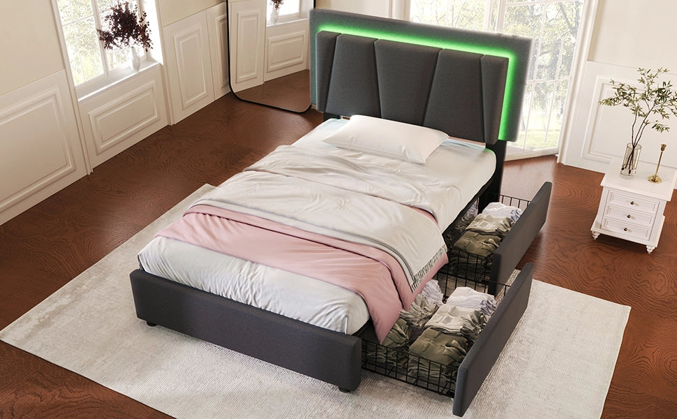 DESMIU Letto singolo 90 × 200 cm con 2 cassetti, LED, testiera regolabile, senza materasso, grigio