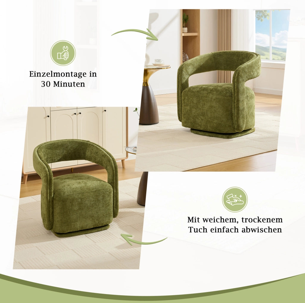 Poltrona girevole 360° in chenille verde, design Barrel Chair