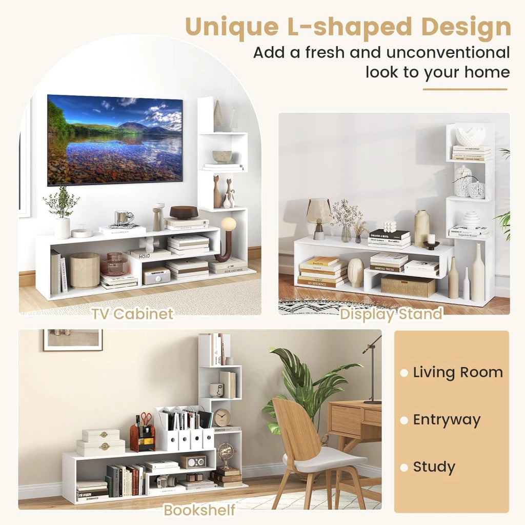 Mobile TV Soggiorno con Mensole a Forma di L e Scomparti Aperti, Mobiletto Multifunzione per Televisione fino a 50”, Mobile Porta TV e Libri in Legno per Camera da Letto, Ingresso (Bianco)
