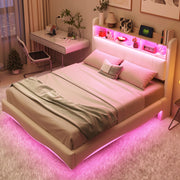 Letto imbottito sospeso 140x200 cm con LED, porte USB e Type-C, contenitore testiera, beige