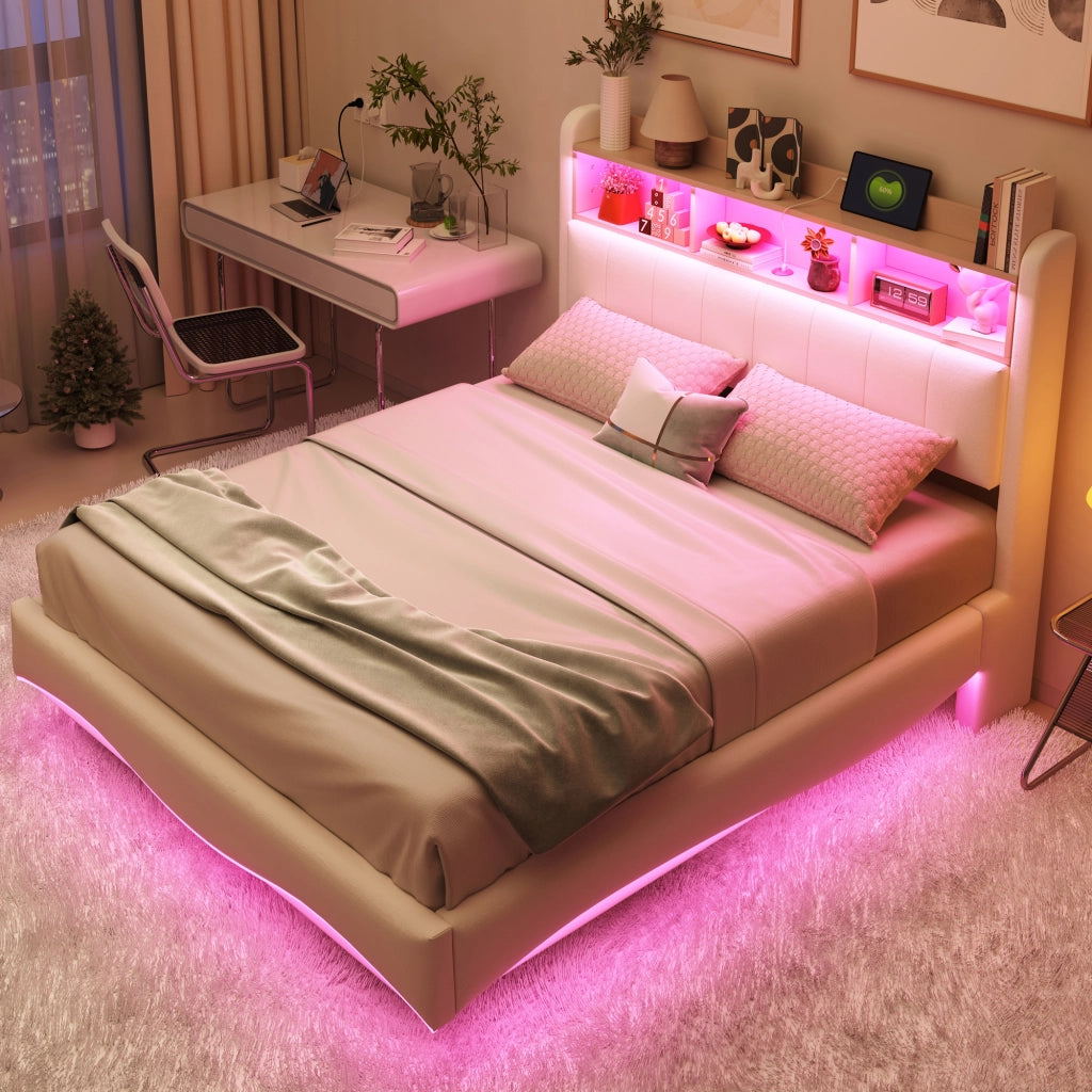 Letto imbottito sospeso 140x200 cm con LED, porte USB e Type-C, contenitore testiera, beige