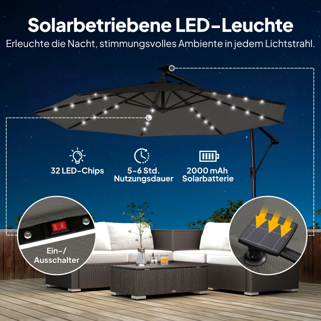 Parasole a sbalzo LED Solare; circa ?300 cm; parasole rotabile con copertura protettiva per piedi Grigio Scuro