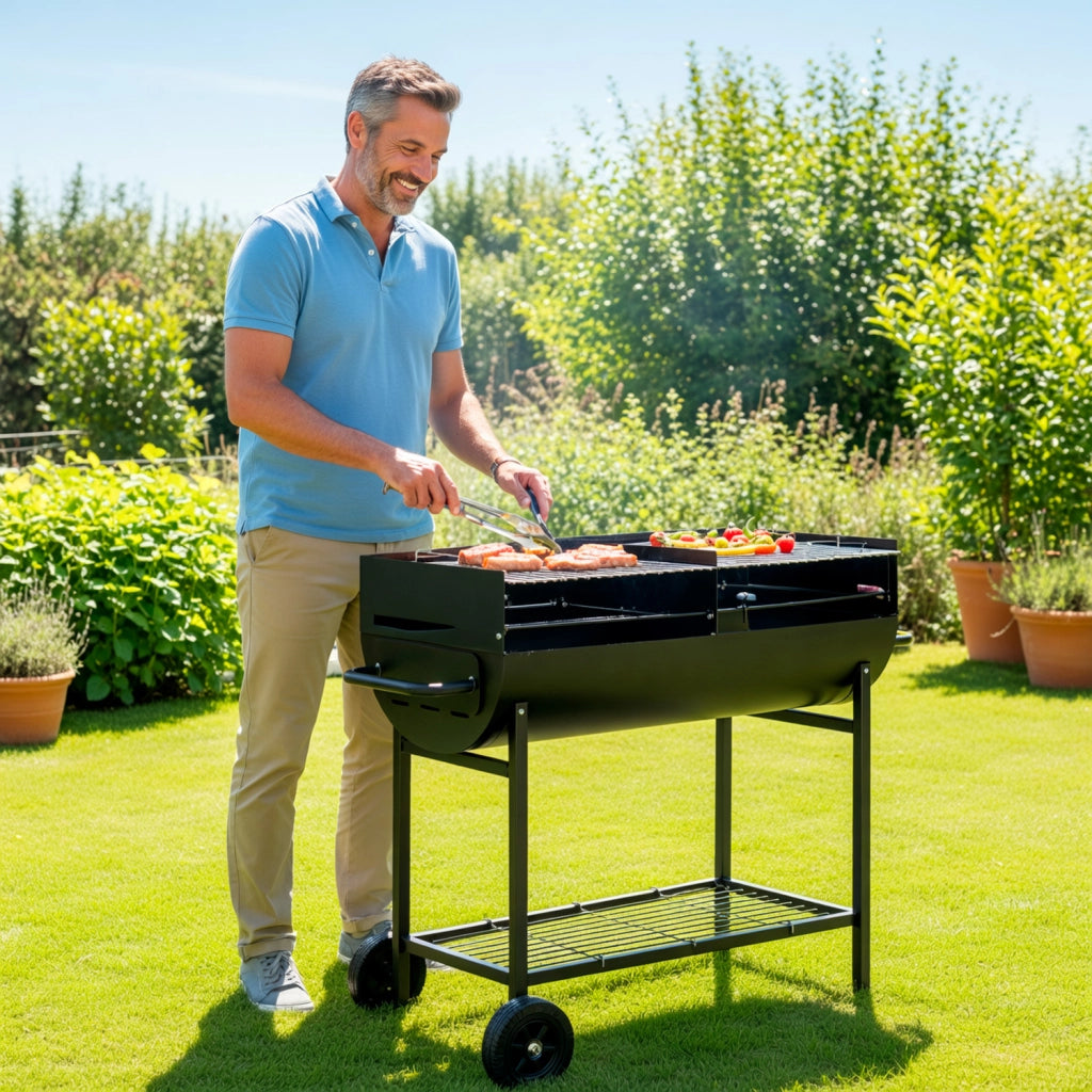 Barbecue In Acciaio Resistente Con Ruote E Ripiano Portaoggetti Alimentazione A Carbone 90 x 45 x 96 Cm Nero