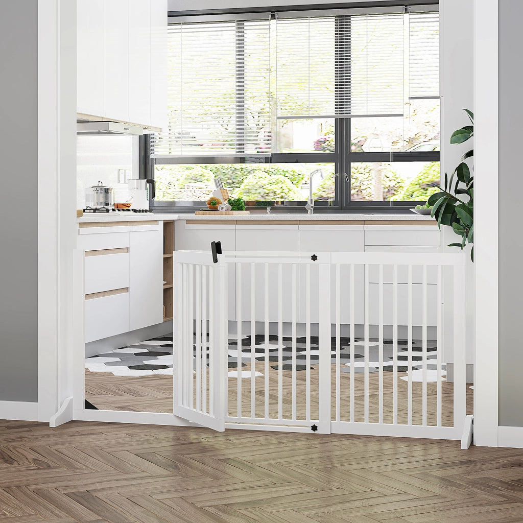 Barriera estensibile a forbice con porta integrata a 3 pannelli in legno di pino bianco 113-166 × 36 × 71 cm