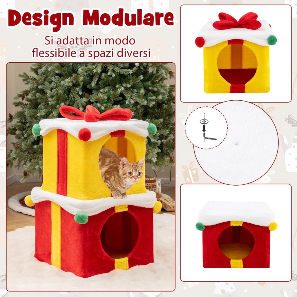 Set 2 Cuccia Cane Interno a 2 Piani, Tiragraffi per Gatto a Forma di Scatola di Natale in Tessuto e MDF, Lettino Gatto Interno per Inverno, Rosso e Giallo